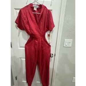 Joan Walters Petites Red V Neck Short‎ Sleeve Smocked Waist Jumpsuit Size 6